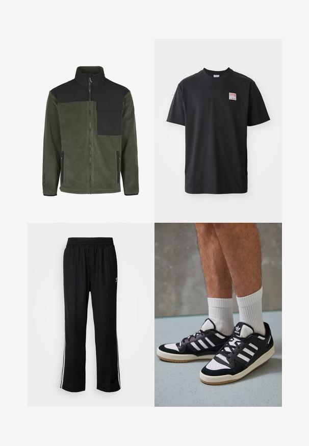 Fleecejacka i mörkgrön med en svart övre del, hög krage, hel dragkedja, sidofickor och en logotyp på vänster ärm.; Svart bomullströja med rund halsringning, korta ärmar och en liten färgad etikett på vänster bröst med ordet "SUPERIOR."; Svarta träningsbyxor med elastisk midja, med vita sidostreck och en liten logotyp. Materialet verkar mjukt och lätt.; Svartvita sneakers med ovandel i mocka och läder, med tre vita ränder, perforerad tå och sula av gummigummi.