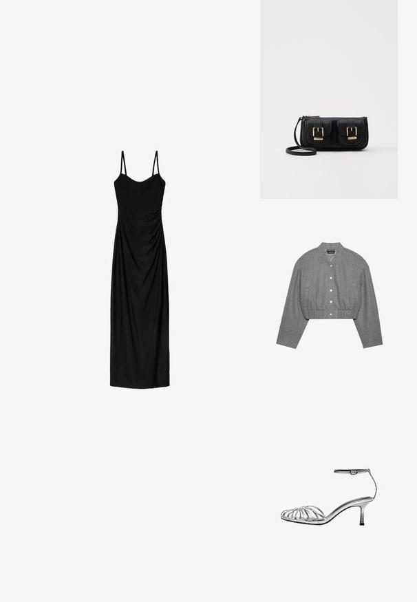 Jachetă gri scurtă cu guler rotund, închidere cu butoane tip capse și talie elastică. Dispune de două buzunare laterale și un material texturat.; Rochie midi neagră cu bretele subțiri ajustabile, având un design drapat și o textură netedă. Fără modele vizibile sau aplicații.; Sandale argintii cu barete, cu un toc mic, prezentând mai multe barete împletite, o bandă pentru glezna cu cataramă și o textură netedă, strălucitoare.; Geantă neagră din piele, tip crossbody, cu două buzunare frontale, catarame aurii, închidere cu fermoar și o curea subțire. Suprafață texturată și formă rectangulară compactă.
