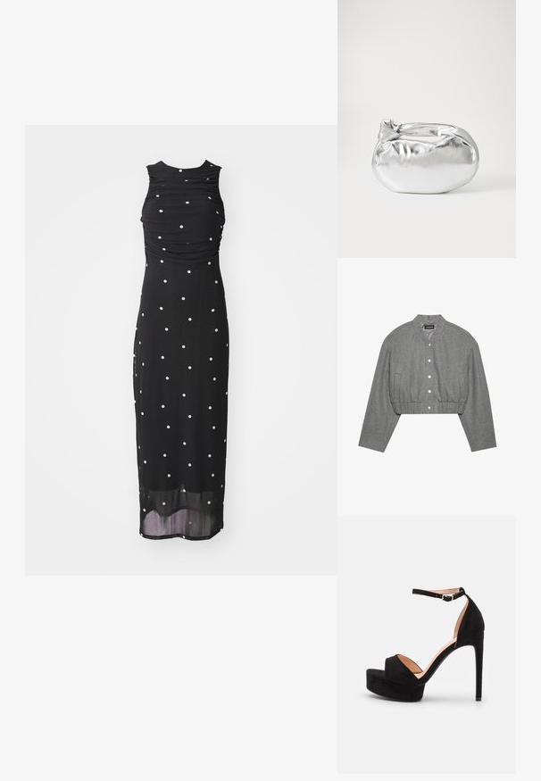 Zužená sivá bunda s okrúhlym golierom, predným zapínaním na patentky a elastickým pásom. Má dve postranné vrecká a textúrovanú látku.; Čierne bezrúškové šaty s nariaseným živôtikom a bielymi bodkami, s polovičnou dĺžkou a priesvitným spodným lemom. Hladká textúra látky.; Čierne zamatové sandále na vysokom podpätku s platformou, členkový remienok so strieborným hardvérom, dizajn s otvorenou špičkou a hladkou textúrou.; Strieborná metalická taška s mäkkým, zaobleným tvarom a uzáverom s uzlíkom. Vyrobená z hladkej syntetickej kože.