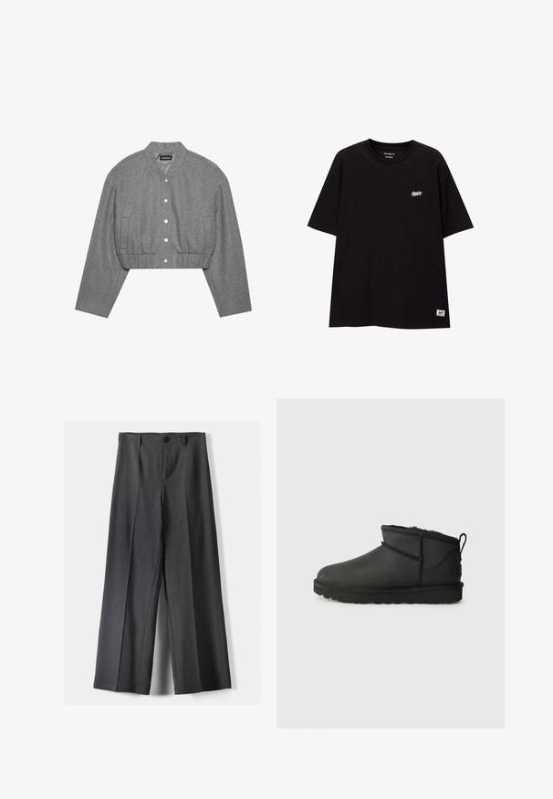 Przycięta szara kurtka z okrągłym kołnierzem, zapięciem na zatrzaski z przodu i elastycznym pasem. Posiada dwie boczne kieszenie oraz teksturowany materiał.; Czarny, luźny t-shirt z bawełny z krótkimi rękawami. Posiada małe białe logo na piersi oraz metkę na dolnym brzegu.; Spodnie o szerokich nogawkach w ciemnoszarym kolorze, z zapięciem na guzik, plisami z przodu i szlufkami na pasek. Gładka faktura z dopasowanym krojem.; Czarne botki za kostkę wykonane z miękkiego materiału, z okrągłym noskiem, niskim obcasem i futrzanym wykończeniem. Zawierają tylną pętelkę do zakładania oraz przeszycia.