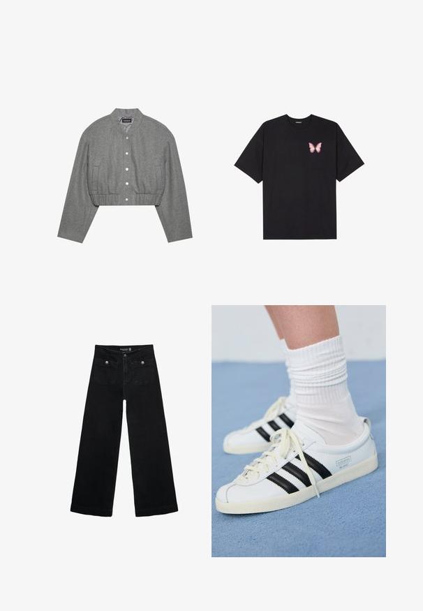 Przycięta szara kurtka z okrągłym kołnierzem, zapięciem na zatrzaski z przodu i elastycznym pasem. Posiada dwie boczne kieszenie oraz teksturowany materiał.; Czarny bawełniany t-shirt z krótkim rękawem, z małym różowym motylkiem na lewej piersi. Klasyczny dekolt z luźnym fasonem.; Czarne, szerokie dżinsy z wysokim stanem, z dwoma przednimi kieszeniami i metalowymi guzikami. Tkanina ma gładką fakturę.; Białe skórzane sneakersy z czarnymi paskami, kremową podeszwą i jasnymi sznurowadłami. Noszone z białymi skarpetkami w prążki, umieszczone na niebieskim tle.