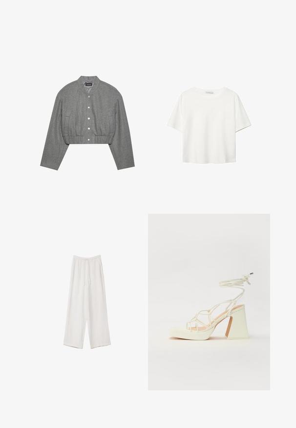 Krojena siva jakna s okroglim ovratnikom, sprednjim gumbom na pritiskanje in elastičnim pasom. Ima dve stranski žepi in teksturirano tkanino.; Bela kratka majica s kratkimi rokavi iz bombaža. Ima okroglo izrezovanje in sproščen kroj. Gladka tekstura brez vidnih vzorcev ali poudarkov.; Bele široke hlače iz lahkega materiala. Imajo elastičen pas s vrvico in stranske žepe. Gladka tekstura.; Bela sandala na visokih petah s debelim petam, ki ima obliko trakcev in vezanje okoli gležnja. Gladka tekstura z platformo spredaj za dodatno višino.
