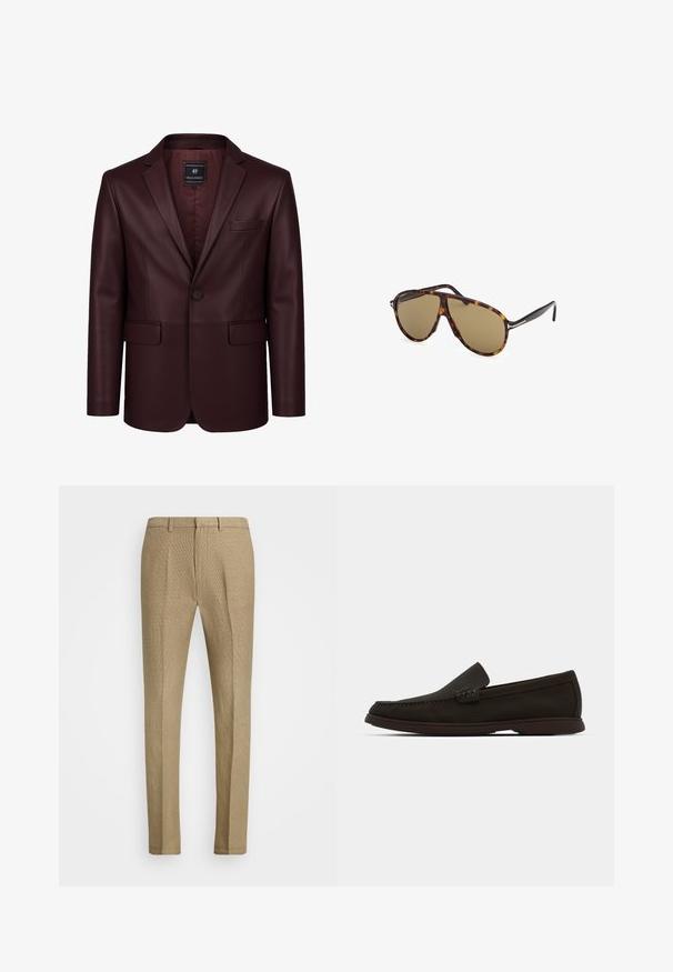 Bordeaux leren blazer met een gladde textuur, enkele knoopsluiting, notch revers, en één borstzak en twee voorzakken. Voering in de binnenkant.; BOSS LIAM - Overhemd - black one; Beige chinos van een textuurstof, met een vlakke voorkant, standaard taille en taps toelopende pijpen, ontworpen met zakken aan de voorkant en een nette afwerking.; Donkerbruin suède instaploafers met een gestikte neus, een lage rubberen zool en textuuraccenten op de bovenzijde.; schildpadbril met bruine lenzen, aviatorstijl, met een slank frameontwerp en metalen accenten op de pootjes.