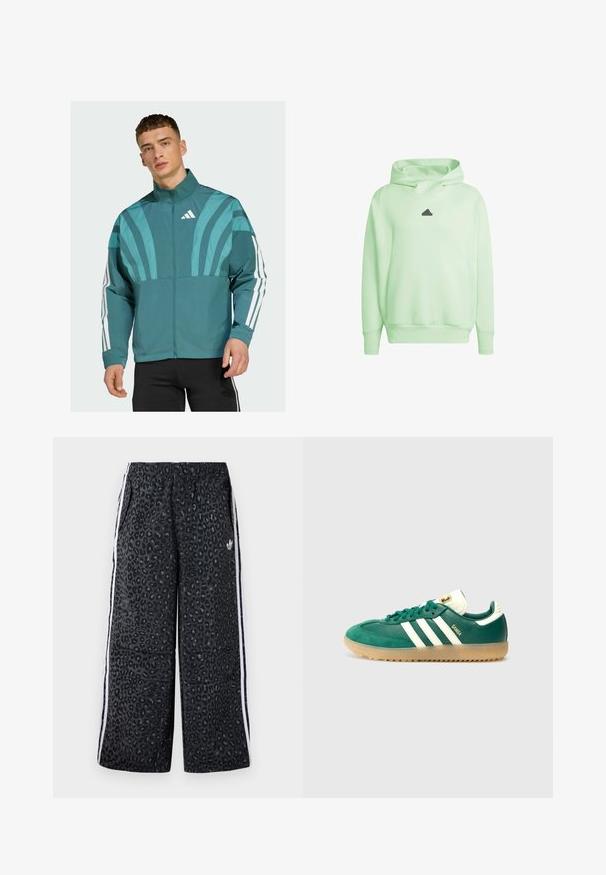 Veste teal avec fermeture éclair à l'avant, col montant et rayures blanches sur les manches. Comprend des éléments de design graphique sur la poitrine.; adidas Originals Sweat à capuche - hellgrün; adidas Originals GRAPHIC UNISEX - Pantalon de survêtement - black; Chaussures de sport vertes et blanches en matériaux daim et cuir, avec trois rayures blanches, une semelle en gomme texturée et des détails de logo.