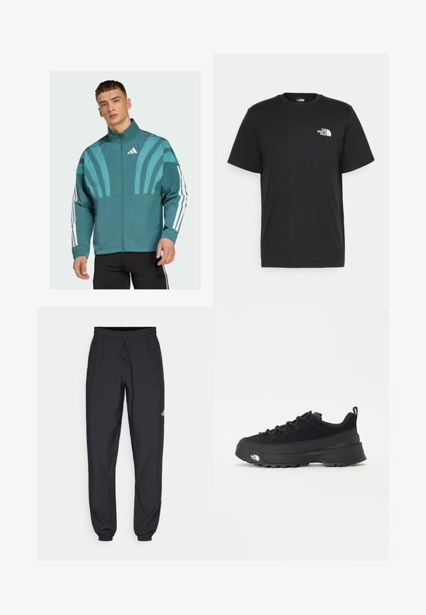 Türkisfarbene Jacke mit einem Reißverschluss vorne, hohem Kragen und weißen Akzentstreifen an den Ärmeln. Enthält grafische Designelemente auf der Brust.; Schwarzes Baumwoll-T-Shirt mit kurzen Ärmeln, Rundhalsausschnitt und einem kleinen weißen Logo auf der linken Brust. Schlichtes Design, glatte Textur und lockere Passform.; Schwarze Sporthosen aus leichtem Stoff, mit einem Kordelzugbund, seitlichen Taschen und schmal zulaufenden Bündchen an den Knöcheln.; Schwarzer Outdoorsneaker mit einem Obermaterial aus Wildleder, strukturierter Gummisohle und robustem Schnürsystem. Verfügt über eine verstärkte Ferse und das Markenlogo an der Seite.