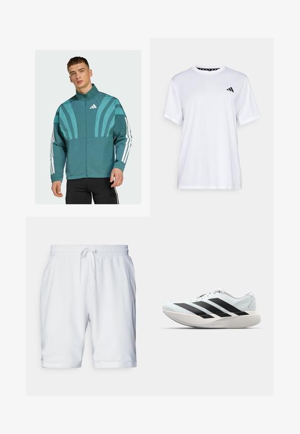 Veste teal avec fermeture éclair à l'avant, col montant et rayures blanches sur les manches. Comprend des éléments de design graphique sur la poitrine.; T-shirt de sport blanc à manches courtes, fabriqué en tissu évacuant l'humidité. Présente un logo noir sur la poitrine gauche et un col intérieur à motifs.; Shorts de sport blancs avec une taille élastique et un cordon de serrage réglable. Tissu lisse avec une texture subtile, comportant des poches latérales.; Baskets de course légères en bleu pâle avec des rayures noires. Elles présentent un dessus lisse, un embout rond et une semelle intermédiaire blanche épaisse étiquetée "LIGHTSTRIKE PRO".