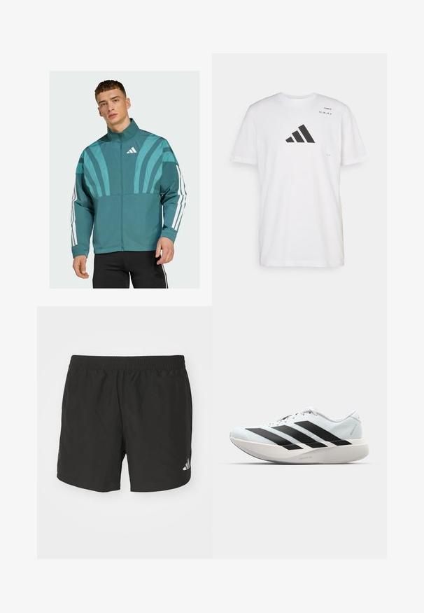 Giacca teal con zip frontale, colletto alto e strisce bianche sui maniche. Presenta elementi di design grafico sul petto.; T-shirt bianca in cotone con un grande logo nero Adidas, scollatura rotonda, maniche corte e testo stampato vicino alla spalla.; Pantaloni corti sportivi neri con vita elastica, fessure laterali e dettagli riflettenti del logo. Realizzati in un tessuto leggero e liscio.; Scarpe da corsa leggere di colore azzurro pallido con strisce nere. Presentano una tomaia liscia, punta rotonda e un'ampia intersuola bianca etichettata "LIGHTSTRIKE PRO."