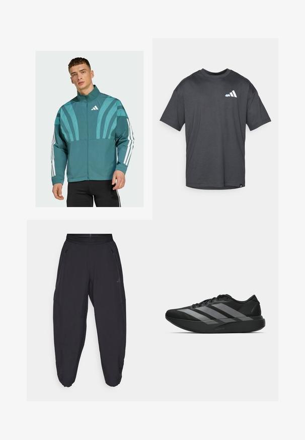 Vihreä takki, jossa on vetoketju edessä, korkea kaulus ja valkoiset korostusraidat hihoissa. Sisältää graafisia suunnittelu elementtejä rinnassa.; T-paita tummanharmaana, lyhyillä hihoilla, jossa vasemmassa rinnassa pieni valkoinen ja vaaleansinisessä logo sekä pieni lappu alareunassa.; Mustat urheiluhousut, joissa on joustava vyötärö, vetoketjulliset sivutaskut, kaventuvat lahkeet ja huomaamaton logo oikeassa reidessä.; Mustat urheilukengät, joissa on kevyt muotoilu, kolme näkyvää harmaata raitaa, sileä pinta ja muotoiltu pohja.