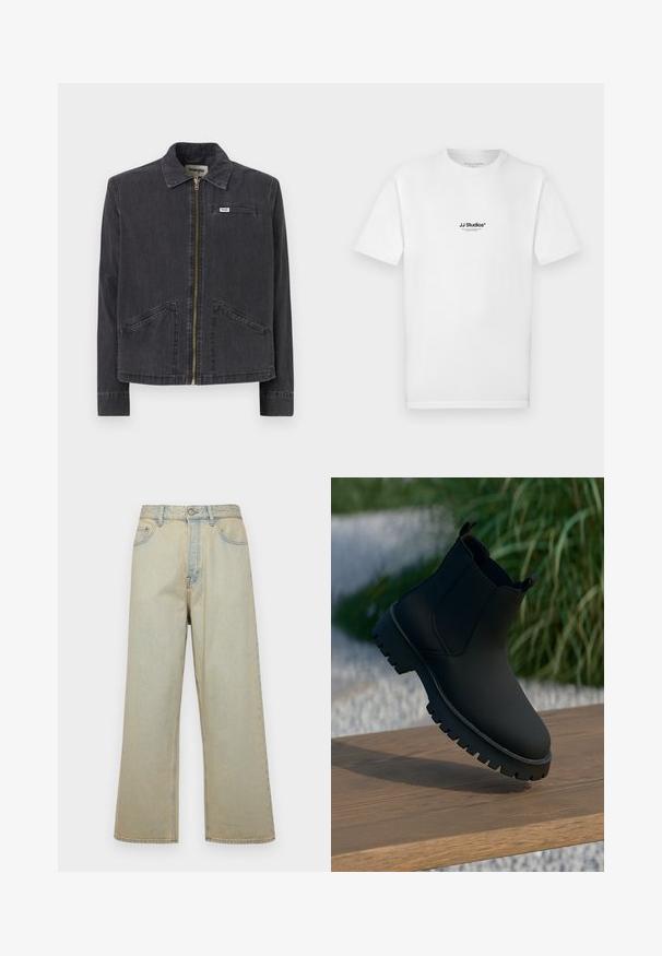 Fekete farmerdzseki, galléros nyakkal, elülső cipzárral, két nagy oldalzsebbel és egy kis logócímkével a bal mellen.; Fehér pamut rövid ujjú póló kerek nyakkal. A mellrészen egy kis fekete "JJ Studios" logó található.; Világoskék, bővítettnadrág, amely denimből készült, elhasználódott hatású. Öt zsebe és elülső gombzárása van.; Fekete bokacsizma sima felülettel, rugalmas oldalpanellekkel és vastag, strapabíró talppal. Természetes háttér előtt, fából készült felületen.