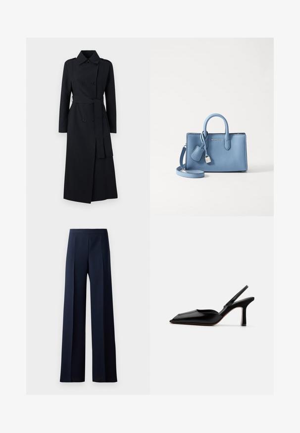 Divkāršas melnas lietusmētelis, kas izgatavots no gludas auduma, ar jostu vidukļa daļā, garām piedurknēm un klasiskā apkakles dizainu.; Tumši zilas krāsas džemperis ar apaļu kakla izgriezumu, garām raglanu piedurknēm, ribotām aprocēm un taisnu apakšu. Izgatavots no mīksta, teksturēta adījuma materiāla.; Platas kājas bikses tumši zilas auduma, ar gludu tekstūru, smalkiem priekšējiem krokām un saspringtu jostasvietu, kas nodrošina izsmalcinātu siluetu.; Melnas ādas slingback kurpes ar norādītu purngalu, minimālisma dizainu, plānu potītes jostu un elegantām stiletto papēžiem. Gluda tekstūra.; Gaiši zils ādas rokassomas, kurai ir divi rokturi, noņemams plecu siksniņa un sudraba krāsas atslēga un birka. Gluda virsma.