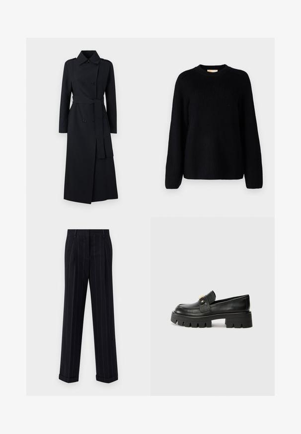 Caban negru cu dublă închidere, confecționat dintr-un material fin, având talie accesorizată cu curea, mâneci lungi și un design clasic al gulerului.; Pulover negru din tricot cu model ribat, cu mâneci lungi și decolteu rotund. Material texturat și croială lejeră. Fără modele sau accente.; Pantaloni negri cu dungi, cu o croială adaptată, având o tivă cu manșetă și pliuri frontale. Construiți dintr-un material neted cu un design structurat.; Mocasini negri din piele cu o talpă groasă, având un accent aurit în față și un finisaj neted. Design cu ștanțare groasă pe talpă.