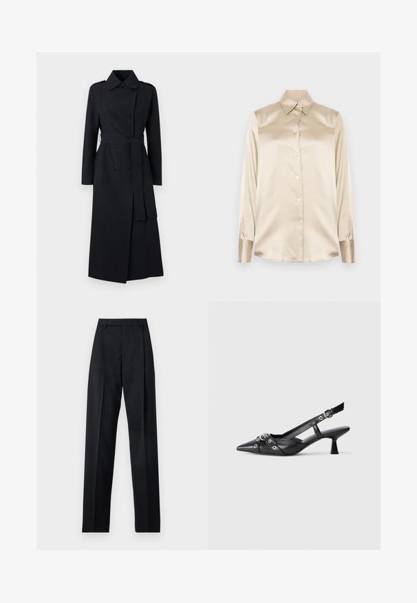 Fekete, dupla gombos trench coat sima anyagból, övvel megkötött derékkal, hosszú ujjal és klasszikus gallértervezéssel.; Beige selyem ing hegyes gallérral, teljes hosszúságú ujjakkal, gombos záródással és enyhén fényes anyagú mandzsettákkal. Minták vagy díszítések nélkül.; Fekete nadrág sima anyagból, magas derékkal, széles lábakkal, elülső redőkkel és klasszikus övhurkokkal. Oldalzsebek nem láthatók.; Fekete bőr slingback cipő hegyes orral, dekoratív pántokkal, fém szemekkel és alacsony blokk sarkú. Texturált felület.