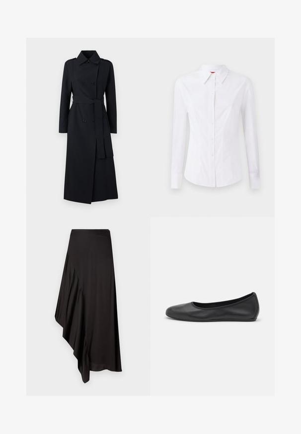 Fekete, dupla gombos trench coat sima anyagból, övvel megkötött derékkal, hosszú ujjal és klasszikus gallértervezéssel.; Fehér, hosszú ujjú ing, hegyes gallérral, elöl gombos záródással és szűkített fazonnal. Sima pamut anyag, finom varrási részletekkel.; AERON ASTER SKIRT - Ceruzaszoknya - black; Fekete bőr balettcipő lekerekített orral, sima tekstúrával, minimális varrással és rugalmas talp kialakítással.
