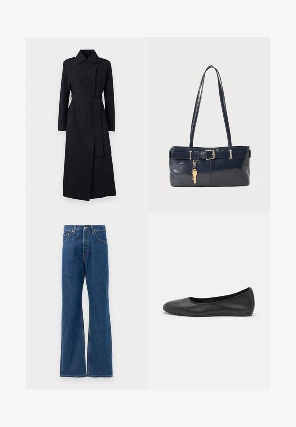 Cappotto trench nero doppiopetto realizzato in tessuto liscio, con vita cinturata, maniche lunghe e un design del colletto classico.; Camicia bianca a maniche lunghe con colletto a punta, chiusura frontale con bottoni e design aderente. Tessuto di cotone liscio con dettagli di cucitura discreti.; Jeans a zampa d'elefante in denim blu con vita alta, dotati di cinque tasche, chiusura con bottone argentato e dettagli di cuciture in evidenza.; Pantofole da balletto nere in pelle con punta arrotondata, texture liscia, dettagli di cucitura minimi e design con suola flessibile.; Borsa a mano in pelle blu con due manici lunghi, un dettaglio con fibbia e un portachiavi attaccato. Presenta una texture liscia e una forma rettangolare.