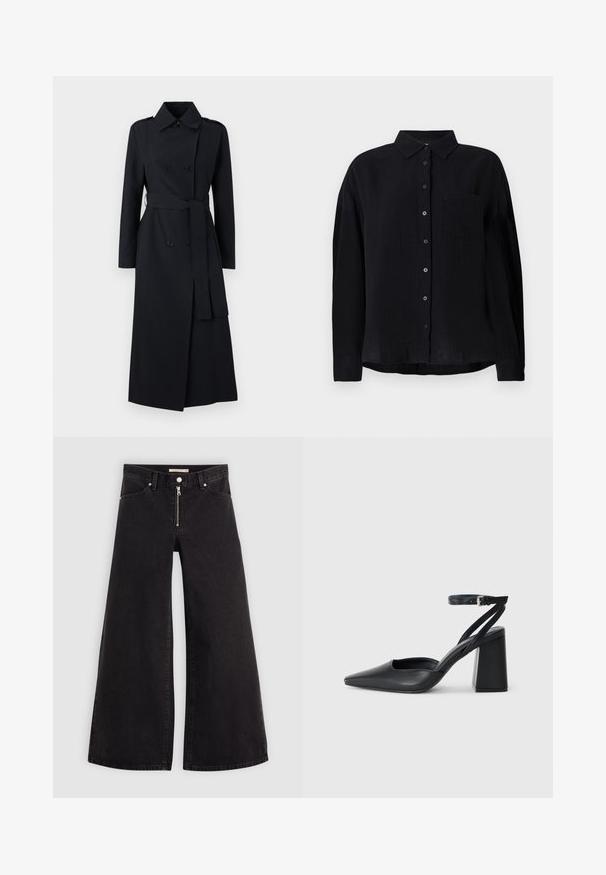 Juodasis dvigubo užsegimo paltas, pagamintas iš lygaus audinio, su dirželiu juosmens srityje, ilgomis rankovėmis ir klasikinio tipo apykakle.; Juodas ilgas rankovėmis marškinėliai, pagaminti iš lengvos medžiagos, su smailiu apykakle, mygtukų užtrauktuku, vienu krūtinės kišeniu ir laisvu kirpimu.; Plačios kojų džinsai iš juodo džinsinio audinio su užtrauktuku priekyje, penkių kišenių dizainu ir subtiliais siuvinėjimo akcentais. Lygus paviršius ir laisvalaikio stilius.; Juoda odinė smailiagalė aukštakulnio bateliai su kulkšnies dirželiu ir storu kulnu. Lygus paviršius, elegantiškas dizainas ir minimalistiška estetinė.