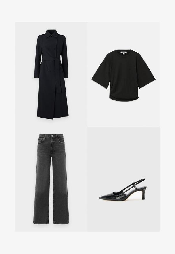 Abrigo negro de doble botonadura hecho de tela suave, con cintura ceñida por un cinturón, mangas largas y un diseño de cuello clásico.; Camiseta negra de manga corta hecha de algodón suave, con un escote redondo y un corte relajado, con un sutil detalle fruncido en el lateral.; Jeans de mezclilla negros de cintura alta y pierna recta con botón y cremallera en el frente, dos bolsillos frontales y dos traseros.; Tacón slingback negro de charol con punta afilada, que presenta un estampado de serpiente texturizado, correa ajustable y un tacón bloque corto y texturizado.