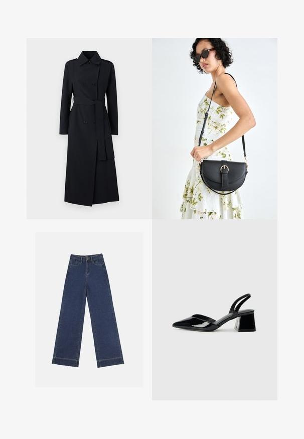 Dvojradový čierny trenčkot vyrobený z hladkej tkaniny, s opaskom v oblasti pása, dlhými rukávmi a klasickým golierom.; Námornícky modré bavlnené tričko s okrúhlym výstrihom a krátkymi rukávmi, s voľným strihom a minimalistickým dizajnom. Bez vzorov alebo akcentov.; Džínsy s širokými nohavicami v tmavomodrom denime. Majú päť vreciek, pútka na opasok a surový spodný lem s viditeľnými švy.; Čierne lakované kožené sandálové podpätky s špicatou špičkou a geometrickým blokovým podpätkom. Disponujú elegantným, minimalistickým dizajnom a hladkým povrchom.; Čierna kožená kabelka s zaobleným tvarom, odnímateľným popruhom a zlatými doplnkami. Kabelka má klopu s detailom s prackou.