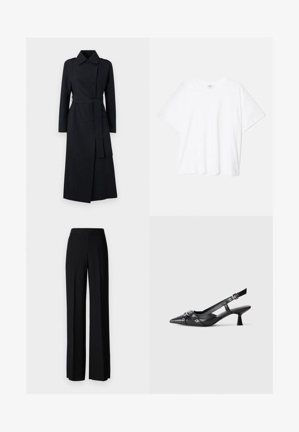 Dvojradový čierny trenčkot vyrobený z hladkej tkaniny, s opaskom v oblasti pása, dlhými rukávmi a klasickým golierom.; Biely bavlnený tričko s krátkymi rukávmi, okrúhlym výstrihom, voľným strihom a prešitým lemom. Štítok viditeľný na vnútornom krku.; Čierne široké nohavice s hladkým povrchom, s vysokým pásom a stredovými skladmi. Žiadne viditeľné vzory ani hardvérové detaily.; Čierne kožené slingback topánky s špicatou špičkou, ozdobnými popruhmi s kovovými očkami a nízkym blokovým podpätkom. Textúrovaný povrch.