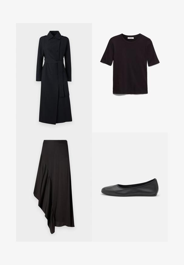 Dvojradový čierny trenčkot vyrobený z hladkej tkaniny, s opaskom v oblasti pása, dlhými rukávmi a klasickým golierom.; Čierne tričko s krátkym rukávom vyrobené z jemnej bavlny, s okrúhlym výstrihom a hladkým, rovnomerným povrchom s minimálnym dizajnom.; Biela dlhá košeľa s dlhými rukávmi, špicatým golierom, predným zapínaním na gombíky a priliehavým strihom. Hladká bavlnená tkanina s jemnými švovými detailmi.; AERON ASTER SKIRT - Puzdrová sukňa - black; Čierne kožené baleríny s okrúhlou špičkou, hladkým povrchom, minimálnym prešívaním a flexibilným dizajnom podrážky.