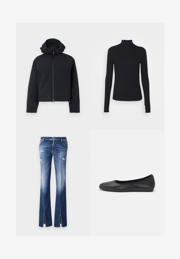 ASPESI GIUBBOTTO MOD - Lahka jakna - navy; Črn dolg rokav turtleneck zgornji del iz gladkega materiala, ki se ponaša z nabranim ovratnikom in prilegajočim silhueto s preprostimi robovi.; DSQUARED2 ICON TRUMPET - Kavbojke na trapez - blue denim; Črne usnjene balerinke z zaobljenim nosom, gladko teksturo, minimalnimi šivi in fleksibilno zasnovo podplata.