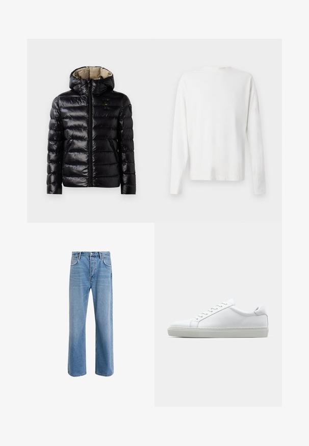 Svart boblejakke med skinnende overflate, quiltet design, hette, glidelås og to sidelommer. Innvendig er den beige.; Langermet hvit bomullsskjorte med rund hals, sidespalter nederst og en jevn tekstur, vist fra baksiden.; Lys blå denimjeans med rett ben-design, fem lommer, knappeåpning, minimal falming og kontrasterende sømdetaljer.; Hvit sneakers med en glatt skinnoverdel og lav profil. Har en rund tå, seks snøring hull, og en teksturert gummisåle.