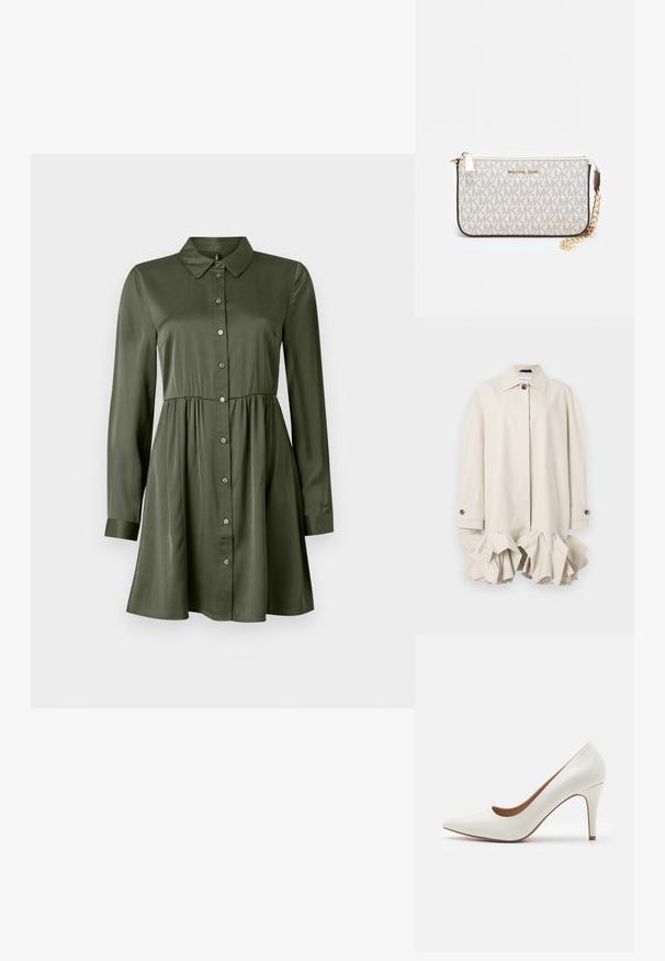 Beige Trenchcoat mit strukturiertem Design, featuring einem Rüschensaum, großem Kragen, Knopfverschluss und Seitentasche.; Langärmliges, olivgrünes Hemdkleid mit tailliertem Schnitt und Kragen, leicht ausgestelltem Rock und geknöpften Ärmeln.; Weiße Lackleder-Pumps mit spitzer Zehenform und glatter Oberfläche, ausgestattet mit einem schmalen Absatz und einem niedrigen Schnitt um die Öffnung.; Michael Kors Clutch in beige beschichtetem Canvas mit einem wiederholten MK-Logo-Muster, goldfarbener hardware und einem abnehmbaren Kettenriemen.