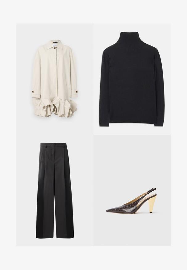 Bežový trenčkot so štruktúrovaným dizajnom, s volánovým lemom, veľkým golierom, zapínaním na gombíky a bočnými vreckami.; Čierny rolák z mäkkej tkaniny. Má dlhé rukávy, vysoký golier a rebrované manžety a lem pre priliehavý vzhľad.; Čierne široké nohavice s vysokým pásom, so záhybmi vpredu, hladkou textúrou a prispôsobeným strihom. Navrhnuté pre uvoľnený strih.; Sandal s pointer špičkou a elastickým pásikom na päte v tmavohnedej lesklej imitácii krokodílej kože. Obsahuje zlatý geometrický podpätok a nastaviteľný pásik na členku.