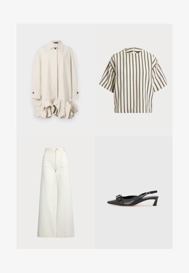 Beige trenchcoat met een gestructureerd ontwerp, voorzien van een gerimpelde zoom, grote kraag, knoopsluiting en zijzak.; Korte mouwen, gestreepte top in crème en marineblauw, met een ronde halslijn en een boxy ontwerp van een textuurstof.; Wijd-zit jeans van off-white denim. Hooggaande taille met een knoopsluiting, twee voorzakken en contrasterende stikdetails.; Zwarte leren slingback schoen met scherpe neus, kleine hak en decoratieve gespdetails op de bovenkant. Stijlvolle textuur, minimalistisch ontwerp.