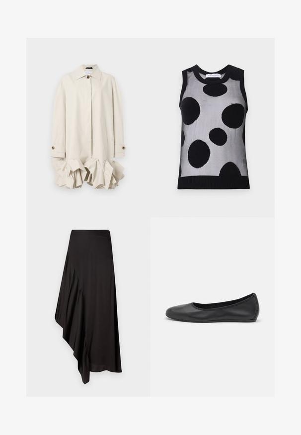 Trench coat bej cu un design structurat, având un tiv volandan, guler mare, închidere cu nasturi și buzunar lateral.; Top tricotat fără mâneci, negru și gri, cu mari puncte negre pe un fundal gri deschis. Guler și tiv cu model canalé.; AERON ASTER SKIRT - Fustă tip creion - black; Balerini din piele neagră, cu vârf rotund, textură netedă, detalii de cusătură minimale și un design al tălpii flexibil.