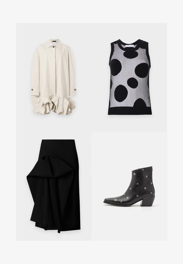 Beige trenchcoat met een gestructureerd ontwerp, voorzien van een gerimpelde zoom, grote kraag, knoopsluiting en zijzak.; Zwart en grijs mouwloos gebreid shirt met grote zwarte stippen op een lichtgrijze achtergrond. Ribgebreide halslijn en zoom.; Zwarte rok van gladde stof, met een oversized gedrapeerd ontwerp aan één kant, waardoor een high-low zoom ontstaat.; Zwarte leren enkellaars met zilveren oogjes, spitse neus en een blokhak. Slank ontwerp met een gladde textuur.