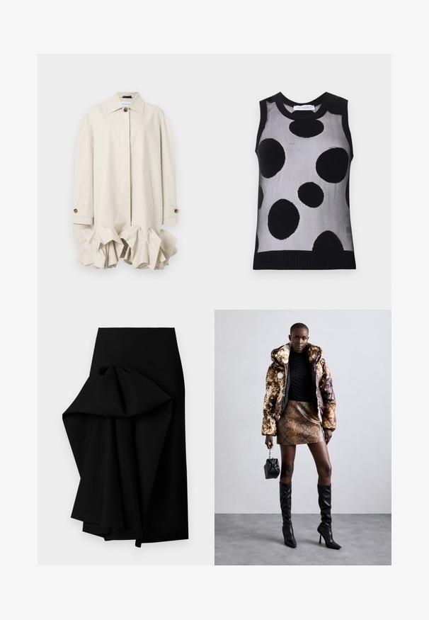 Beige trench coat dengan desain terstruktur, menampilkan hem ruffle, kerah besar, penutupan kancing, dan saku samping.; Mustat ja harmaat ilmanhihaiset neulepaidat, joissa on suuria mustia pilkkuja vaaleanharmaalla taustalla. Ribbikuvioitu kaula-aukko ja helma.; Musta hame, joka on valmistettu sileästä kankaasta ja jossa on suurikokoinen roikkuva muotoilu yhdellä puolella, luoden korkean ja matalan helman.; Puffer-takki ruskealla ja mustalla kuviolla, yhdistettynä ruskeaan käärmeennahkakuosiseksi mini-hameeseen, mustiin polvimittaisiin saappaisiin ja pieneen mustaan laukkuun.