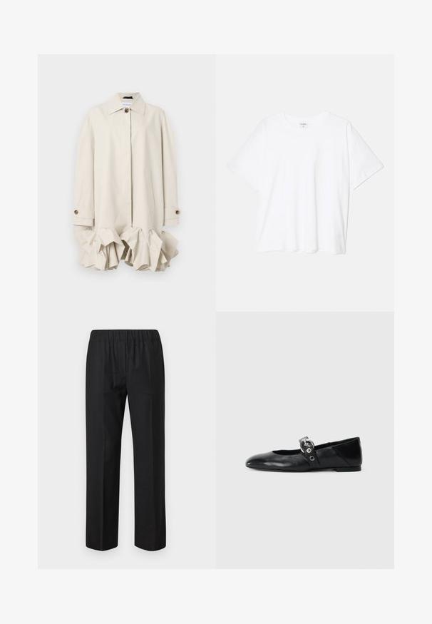 Beige trench coat strukturált kivitelben, fodros szegéllyel, nagy gallérral, gombos záródással és oldalzsebekkel.; Fehér pamut póló rövid ujjal, kerek nyakkivágással, laza fazonnal és varrott szegéllyel. Címke látható a belső nyakrészén.; Fekete nadrág, gumis derékkal, egyenes szárú dizájnnal és látható zsebek nélkül. Sima anyag, matt felülettel.; Fekete bőr balettcipők, hegyes orral, kör alakú fémbújtatóval ellátott pánttal és lapos talppal.