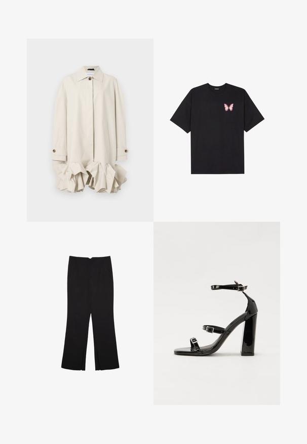 Bežový trenčkot so štruktúrovaným dizajnom, s volánovým lemom, veľkým golierom, zapínaním na gombíky a bočnými vreckami.; Čierne bavlnené tričko s krátkymi rukávmi, s malým ružovým motýlikom na ľavej hrudi. Design s okrúhlym výstrihom a uvoľneným strihom.; Čierne nohavice so strihom rovného strihu, s prednými vreckami a bočnými rozparkami na leme. Vyrobené z mäkkej, hladkej tkaniny. Vhodné na rôzne príležitosti.; Čierne lakované sandále na podpätku so štvorcovou špičkou, navlečenými remienkami okolo členku a striebornými prackami. Disponujú masívnym blokovým podpätkom pre stabilitu.