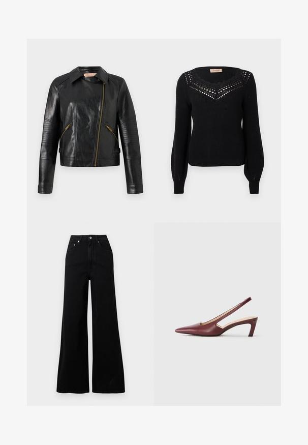 Crna kožna moto jakna s prilagođenim dizajnom, asimetričnim prednjim patentnim zatvaračem i rebrastim teksturama na rukavima. Detalji od zlatnog metala.; Crni džemper s rebrastom teksturom, valovitim izrezom i otvorenim detaljem na prsima. Dugih rukava i pristaje u struku.; Crne široke traperice od trapera, s visokim strukom, pet džepova, zatvaranjem na gumbe sprijeda i minimalnim šavovima.; Burgundske potpetice sa otvorenom pete, oštar vrh, izrezane detalje sa strane i srednje visoku blok petu. Glatka kožna završna obrada.