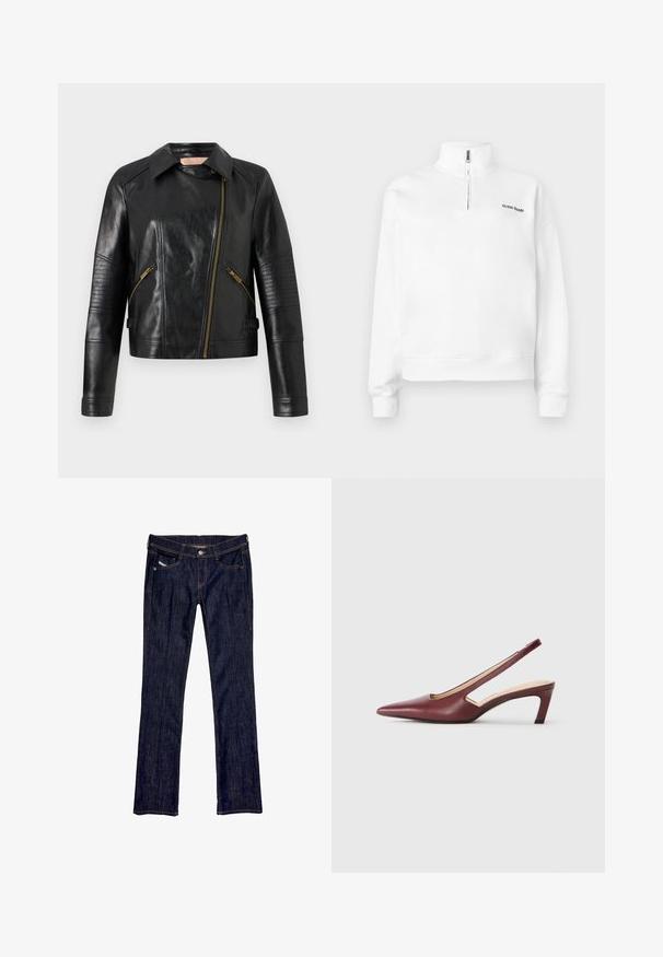 Čierna kožená moto bunda s priliehavým strihom, asymetrickým predným zipom a jemne riasenými textúrovými detailmi na rukávoch. Dôraz na zlaté kovové prvky.; Biely pulóver so vysokým golierom a polovičným zipsom. Obsahuje malé čierne logo na hrudi a rebrované manžety. Hladká textura.; Tmavomodré denimové jeansy so strihom rovného nohavice, obsahujúce predné zapínanie na gombík, päť vreciek a viditeľné stehy pozdĺž švov.; Burgundské slingback podpätky s špicatou špičkou, vykrojené detaily po stranách a stredne vysokým blokovým podpätkom. Hladký kožený povrch.