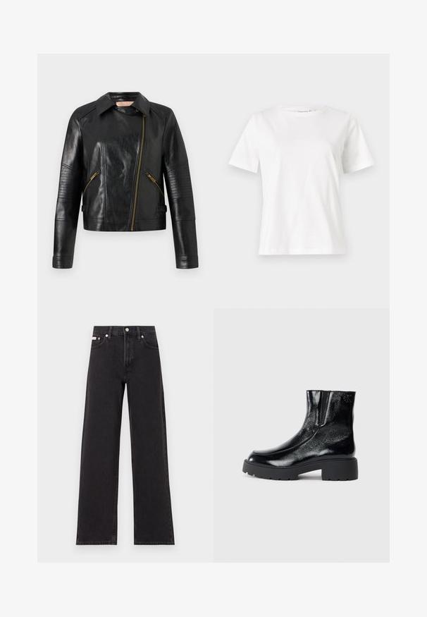 Casaco de motard em pele preta com um design ajustado, fecho frontal assimétrico e detalhes em textura canelada nas mangas. Acessórios em tom dourado.; T-shirt de algodão branco com mangas curtas, decote redondo e um corte descontraído. Textura suave, sem padrões ou detalhes, design minimalista.; Jeans de perna larga pretos feitos de denim, apresentando uma cintura alta, estilo de cinco bolsos e um fecho em botão de metal com costura contrastante.; Botas de tornozelo pretas com acabamento em pele envernizada brilhante, sola de borracha preta robusta e salto elevado; inclui um detalhe discreto do logótipo na lateral.