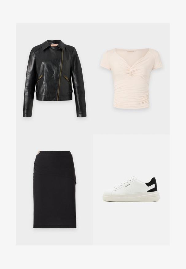 Mustmust nahkjakker, millel on vooderdatud disain, sümmeetriline esirihm ja soonilised tekstiili aktsendid varrukatel. Kuldsed detailid.; Heledad beež pluus lühikeste varrukatega, V-kaelusega ja esise keerdumise detailiga, külgedel kogutud tekstuuriga, et saavutada keha lähedane mudel.; Must värvi pliiatsiseelik, millel on drapeeritud esiosakujundus ja dekoratiivne metallikaktsent vööl. Valmistatud venivast kangast.; Valged nahast tennisetossud paksu valge tallaga, musta sametist kontsakeeuga ja külje peal riigilogo reljeefne kujundus. Lukkeskeem kuue silmaauguga.