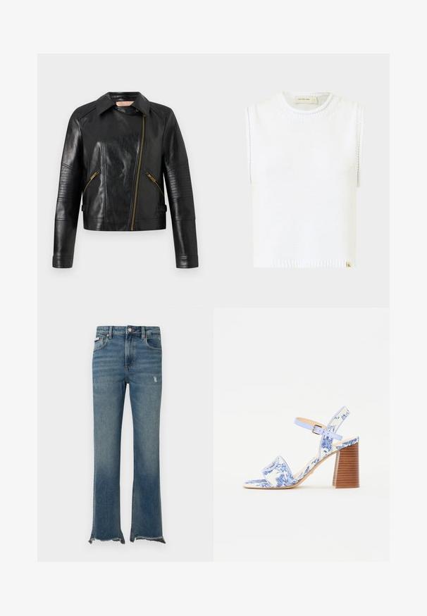 Crna kožna moto jakna s prilagođenim dizajnom, asimetričnim prednjim patentnim zatvaračem i rebrastim teksturama na rukavima. Detalji od zlatnog metala.; Bijela bezrukavna pletena majica s okruglim izrezom, rebrastim rubom i detaljima šivanja s strane; sadrži malu oznaku s brandom na dnu.; Plave traperice sa blagim oštećenjima, sirovim poderanim rubovima, prednjim džepovima, omčama za remen i zatvaračem na gumbe.; Plave sandale s cvjetnim uzorkom, kvadratnog vrha, širokim remenom i podesivim remenom oko gležnja, s teksturiranim drvenim blok potplatom.