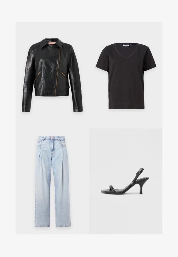 Fekete bőr motoros dzseki, testhez simuló kialakítással, aszimmetrikus elülső cipzárral és bordázott textúrájú részletekkel a ujjakon. Aranyszínű hardver részletek.; Fekete pamut póló V-nyakkal és rövid ujjakkal. Egyszerű dizájn, normál fazon, minta vagy díszítés nélkül.; Világoskék farmernadrág magas derekú, bő szabású, két oldalsó zsebbel és pliszírozott dizájnnal. Puha tapintású, elhalványított felület.; Fekete bőrből készült, magassarkú szandál, vékony, ívelt sarokkal és keresztben átkötött pántokkal. Állítható bokapánt. Sima felület.