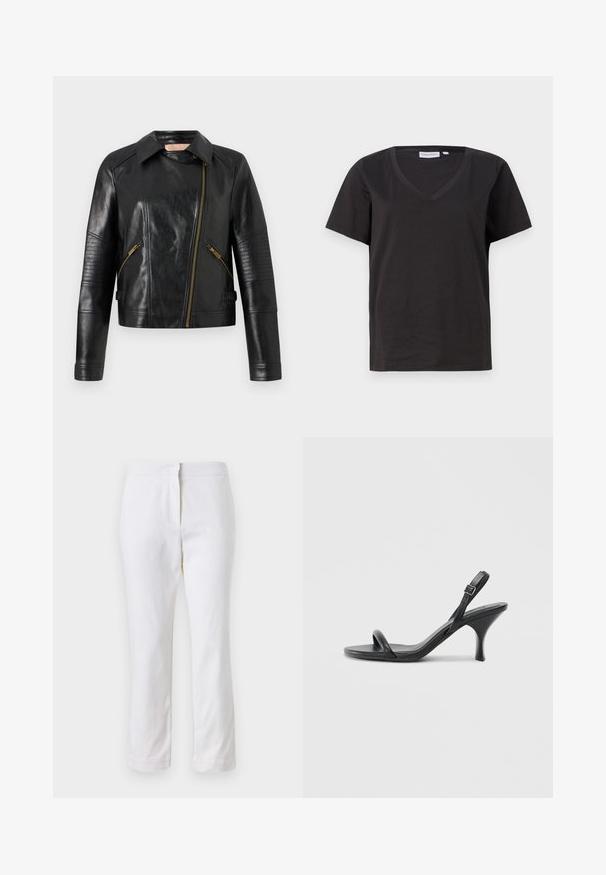 Schwarze Leder-Bikerjacke mit taillierter Passform, asymmetrischem Frontreißverschluss und gerippten Textur-Akzenten an den Ärmeln. Details in goldfarbener Hardware.; Schwarzes Baumwoll-T-Shirt mit V-Ausschnitt und kurzen Ärmeln. Einfaches Design mit normalem Schnitt und ohne Muster oder Akzente.; Weiße Baumwollhose mit geradem Bein, mittelhoher Taille und ohne sichtbare Beschläge oder Muster. Glatte Textur auf der gesamten Fläche.; Schwarze Leder-Sandalen mit hohen Absätzen, schlankem, gebogenem Absatz und gekreuztem Riemendesign. Verstellbarer Knöchelriemen. Glatte Textur.