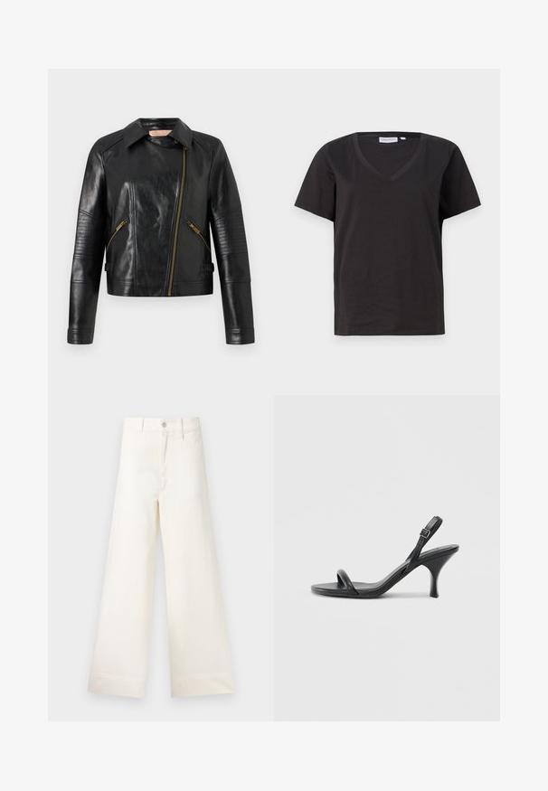 Melnas ādas motocikla jaka ar pieguļošu dizainu, asimetrisku priekšējo rāvējslēdzi un ribotu tekstūras akcentiem uz piedurknēm. Zelta tonis detaļa.; Melnas kokvilnas T-krekls ar V veida kakla izgriezumu un īsām piedurknēm. Vienkāršs dizains ar regulāru piegriezumu un bez rakstiem vai akcentiem.; Platākas kāju bikses gaiši pelēkā kokvilnā. Iespējams augsts jostasvieta, priekšējās kabatas un taisna griezuma. Tīrs apakšmalas apdare bez rakstiem.; Melnas ādas augstpapēžu sandales ar plānu, izliekta formas papēdi un krustenisku siksnu dizainu. Regulējama potītes siksna. Gluda tekstūra.