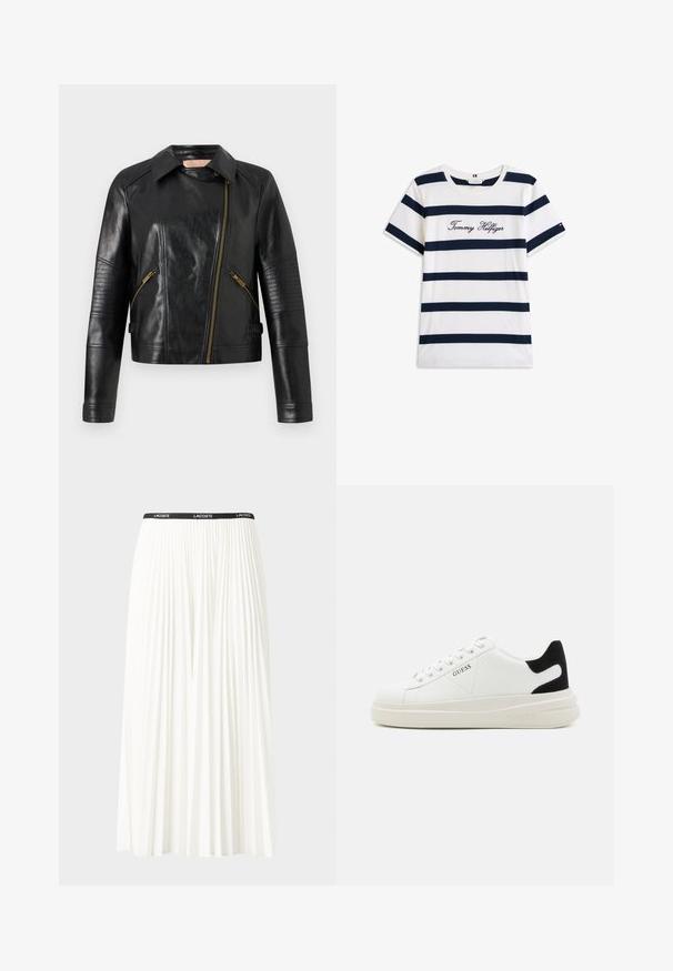 Black leather biker jacket with a fitted design, asymmetrical front zipper, and ribbed texture accents on sleeves. Gold-tone hardware detail.; Cotton T-shirt with horizontal navy stripes on a white background. "Tommy Hilfiger" embroidered in cursive on the chest. Crew neckline.; Pleated white skirt with a black elastic waistband featuring the "LACOSTE" logo. Mid-length design with soft texture.; White leather sneakers with a thick white sole, black suede heel accent, and embossed logo on the side. Laced design with six eyelets.