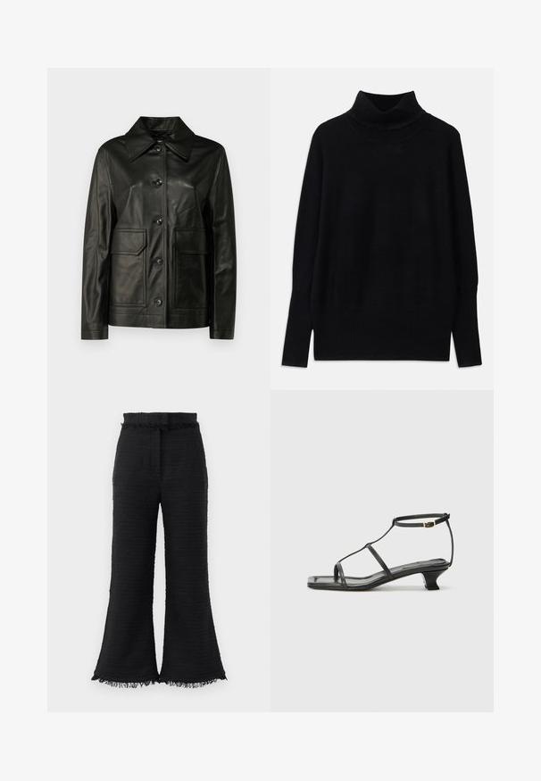 Veste en cuir noir avec un col structuré, fermeture à boutons sur le devant et deux poches plaquées. Texture lisse avec des détails de couture prononcés.; Pull à col roulé noir en tissu doux, avec des accents côtelés au niveau du col et des poignets, coupe décontractée et fentes sur les côtés.; Pantalons larges noirs en tissu texturé, avec ourlet effiloché et taille élastique. Le design présente une finition lisse et une coupe décontractée.; Sandale en cuir noir avec un bout carré, des fines lanières, une bride de cheville ajustable et un petit talon. Présente un petit accent doré sur la lanière.