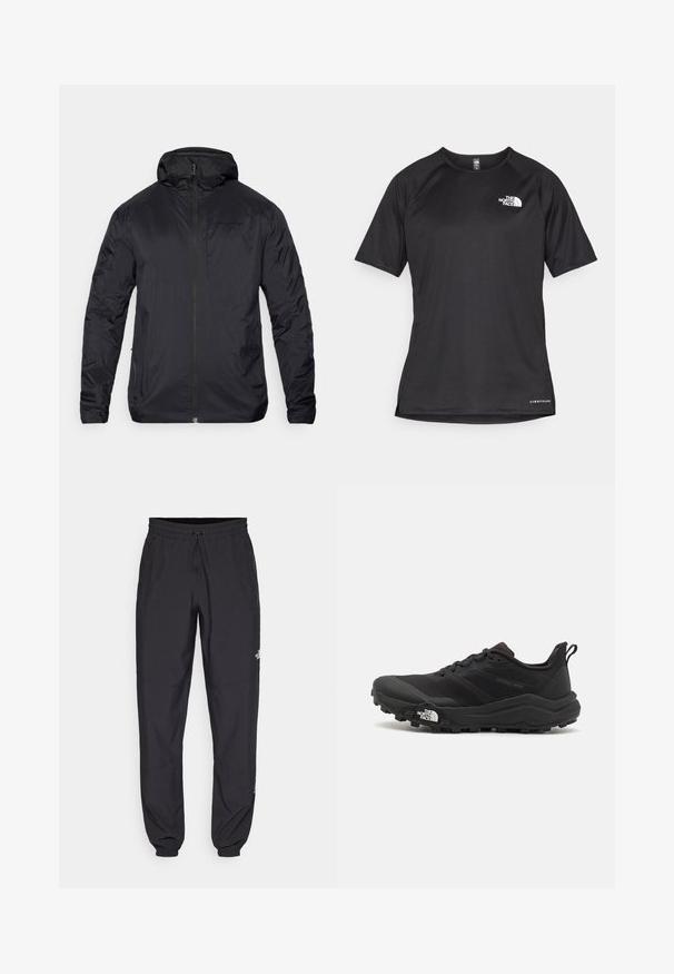 Must must jacket, millekülg, kapuutsiga ja siledast materjalist; sisaldab minimaalset brändimist rinnal ja elastseid mansette.; Must mustreening, lühikeste varrukatega sportpoliis, millel on tekstuuriga kangas, valge logo vasakul rinnal ja sirge äär.; Mustavad sportlikud püksid, mis on valmistatud kergest kangast, joonlauaga taljest, küljetaskudega ja kitsenevate varrukatega pahkluude juures.; Must tume jooksujalats musta värvi, tekstuurse ülemise osaga, kummist tallaga ja tugevdatud varbaga. Omab pehmendusega krae ja tõmblinti mugavaks selga panemiseks.