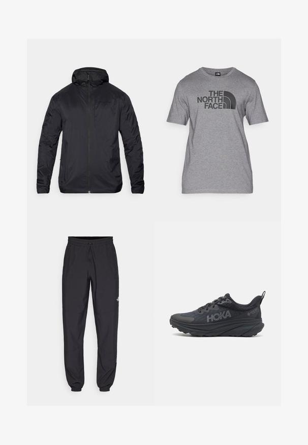 Schwarze, leichte Jacke mit Reißverschluss vorne, Kapuze und glatter Textur; verfügt über minimale Markenkennzeichnung auf der Brust und elastische Bündchen.; Grau Short-Sleeve T-Shirt aus Baumwollmix, mit einem schwarzen Grafikdruck von "THE NORTH FACE" und einem geschwungenen Logo-Detail auf der Vorderseite.; Schwarze Sporthosen aus leichtem Stoff, mit einem Kordelzugbund, seitlichen Taschen und schmal zulaufenden Bündchen an den Knöcheln.; Schwarzer Hoka-Laufschuh mit einem Obermaterial aus Netzgewebe, strukturierten Details und einer dicken, gepolsterten Sohle mit verjüngten Kanten für verbesserten Halt.