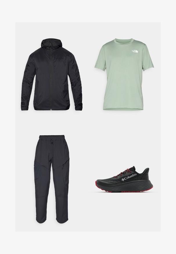 Giacca leggera nera con zip frontale, cappuccio e texture liscia; presenta un branding minimale sul petto e polsini elasticizzati.; Maglietta verde chiaro a maniche corte realizzata in tessuto morbido; presenta un logo bianco sul lato superiore sinistro; scollo rotondo a collo. ; Pantaloni cargo neri realizzati in un materiale leggero e resistente all'acqua; presentano una vita elastica, diverse tasche con zip e gambe affusolate.; Scarpa sportiva nera con tomaia testurizzata, lacci rossi e logo. Suola spessa con battistrada a righe per una buona aderenza. Design minimalista, vista laterale.