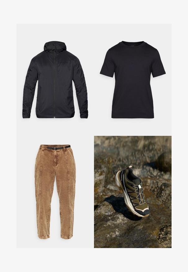 Crna lagana jakna s patentnim zatvaračem sprijeda, kapuljačom i glatkom teksturom; sadrži minimalno brendiranje na prsima i elastične manžete.; Crna majica od gladkog materijala, s okruglim izrezom i kratkim rukavima. Diskretno brendiranje otisnuto crnom bojom na prsima.; Smeđe pamučne hlače s teksturiranom površinom, sa crnim podesivim remenom, bočnim džepovima i opuštenim krojem. Hlače se sužavaju prema gležnjevima.; Planinarska obuća u maslinasto zelenoj i crnoj boji s ružičastim akcentima. Ima teksturirani gornji dio, fleksibilnu podlogu, ojačan vrh i šareni sustav vezanja.