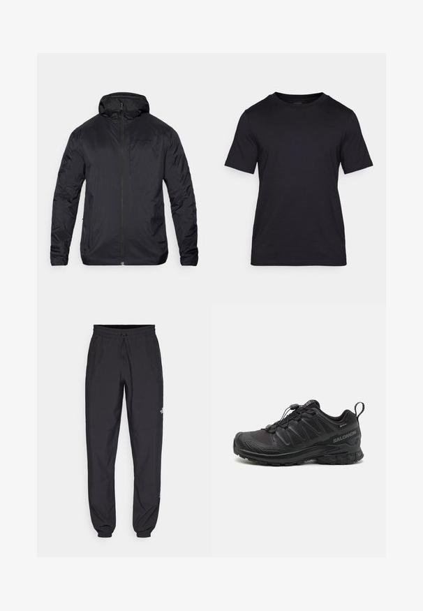 Veste légère noire avec fermeture éclair devant, capuche et texture lisse ; présente un branding minimaliste sur la poitrine et des manches élastiques.; T-shirt noir en tissu lisse, avec un col rond et des manches courtes. Marque subtile imprimée en noir sur la poitrine.; Pantalon de sport noir en tissu léger, avec une taille à cordon, des poches latérales et des chevilles resserrées.; Chaussure de sport noire avec une tige synthétique texturée, une semelle rembourrée et un système de laçage rapide. Elle présente un bout et un talon renforcés.