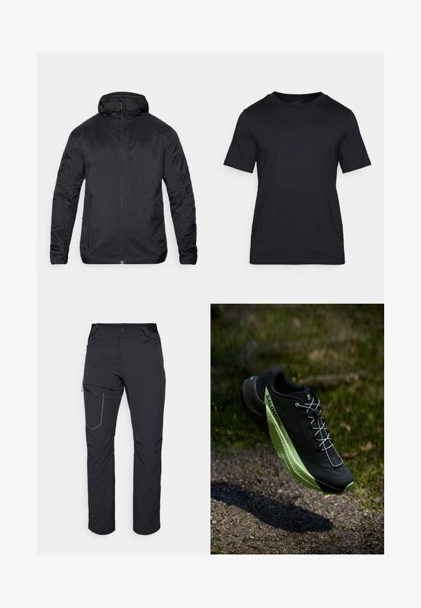 Črna lahka jakna z zadrgo na sprednji strani, kapuco in gladko teksturo; ima minimalno blagovno znamko na prsih in elastiko na zapestjih.; Črna majica z kratkimi rokavi, izdelana iz gladkega materiala, z okroglo izrezanem ovratnikom. Diskretno logotip je natisnjen v črni barvi na prsih.; Črne zunanje hlače z žepom na stegnu z zadrgo, elastičnim pasom in gladkim, vodoodpornim materialom. Čist dizajn brez vidnih logotipov.; Črne tekaške čevlje z teksturirano površino in zelenimi poudarki. Imajo lahko zasnovo in edinstven, patterned podplat za oporo.