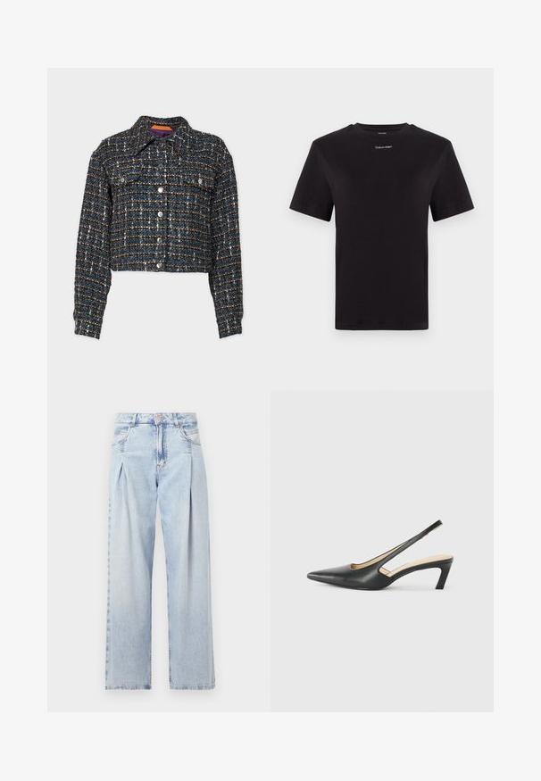 BOSS JANDRA - Overgangsjakke - black; Sort bomulds t-shirt med korte ærmer, rund halsudskæring og lille hvid "Calvin Klein" logo på brystet. Glat tekstur, klassisk pasform.; Lyseblå denim jeans med høj talje, bred benåbning, to sidelommer og plisseret design. Blød tekstur med et falmet finish.; Sorte spidse slingback-sko med en lav hæl, lavet af glat læder og med udskæringer på siden for åndbarhed.